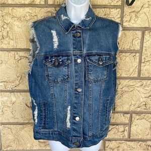 Wild Fabe Denim, blue, jean vest, distressed Size Med Oversized